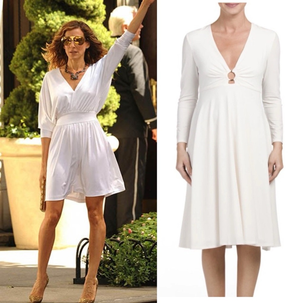 NWT HALSTON Heritage Bracelet Deep V Neck Jersey Dress Eggshell White SATC